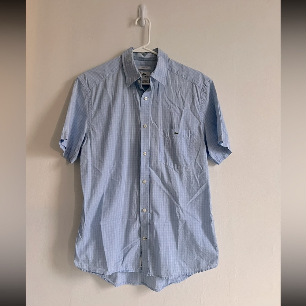 40 Lacoste modern fit men’s short sleeve button up blue white shirt medium